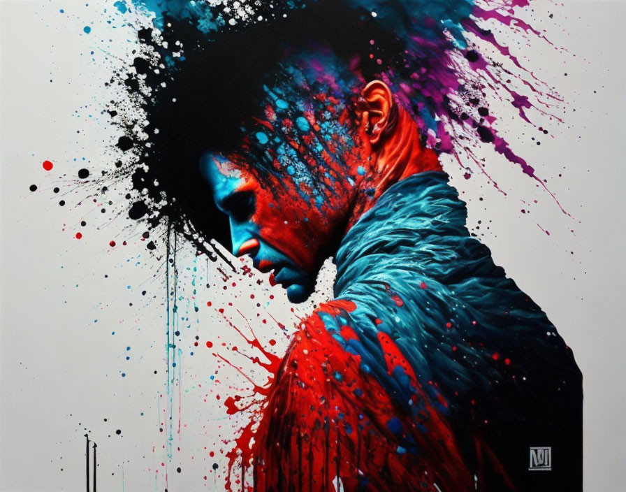 Colorful portrait with paint splash hair on white background, blue and red accents.