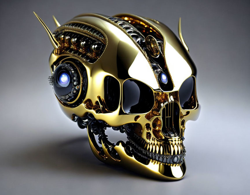 Detailed Golden Mechanical Skull with Blue Glowing Eyes