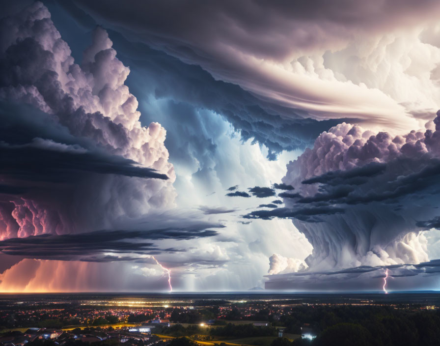 Intense Thunderstorm with Massive Cloud Formations and Lightning Bolts