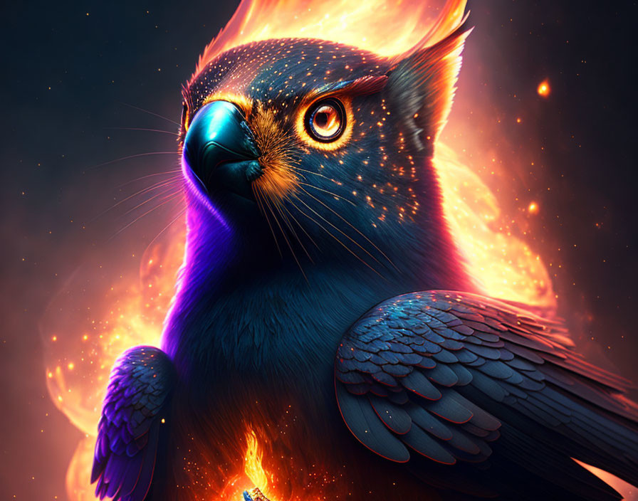 Colorful Phoenix Artwork: Blue, Orange, Purple Feathers on Dark Background