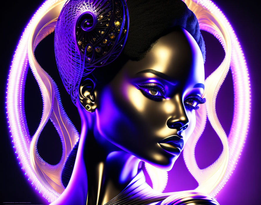 Stylized digital artwork of female figure with purple and gold hues