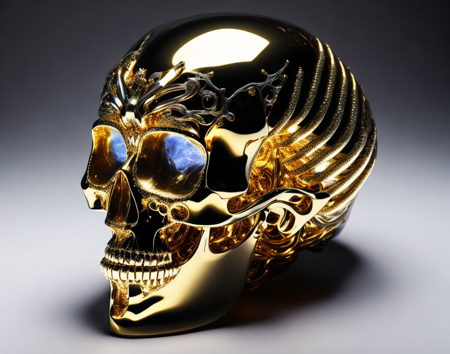 Golden skull with mechanical gears for a futuristic steampunk look