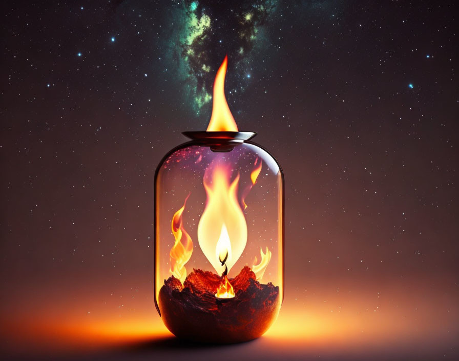 Surreal phoenix flame in glass jar on cosmic backdrop