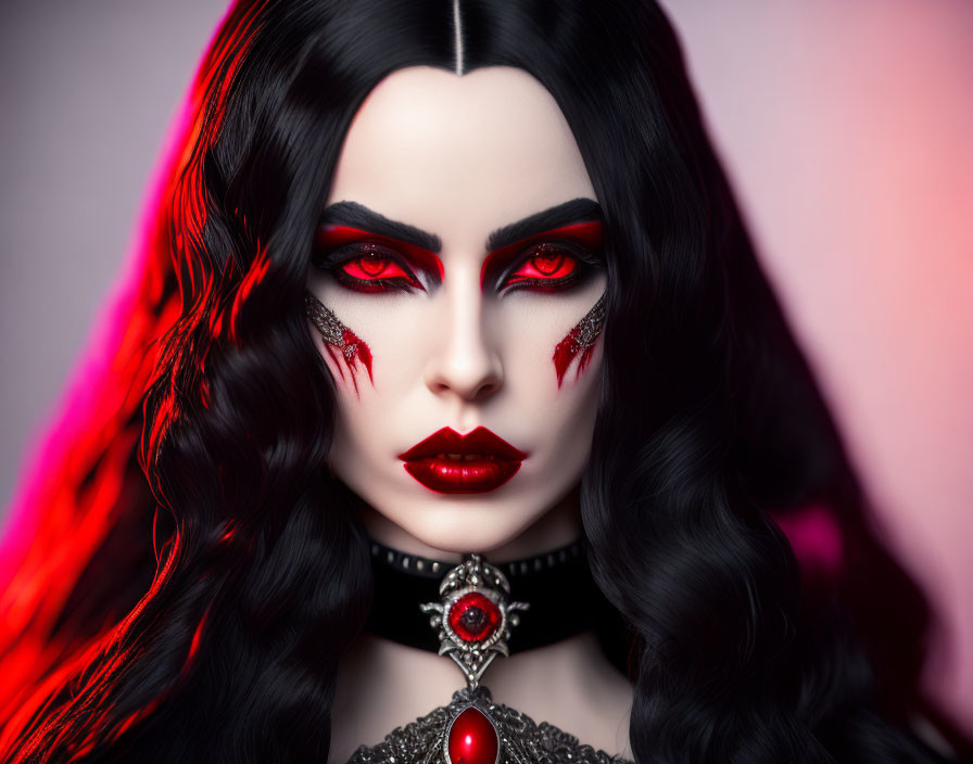 Gothic-inspired makeup and jewelry on dark-haired person