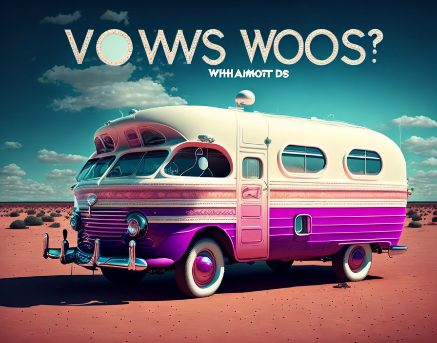 Retro-futuristic purple and white trailer with car front-end in desert setting