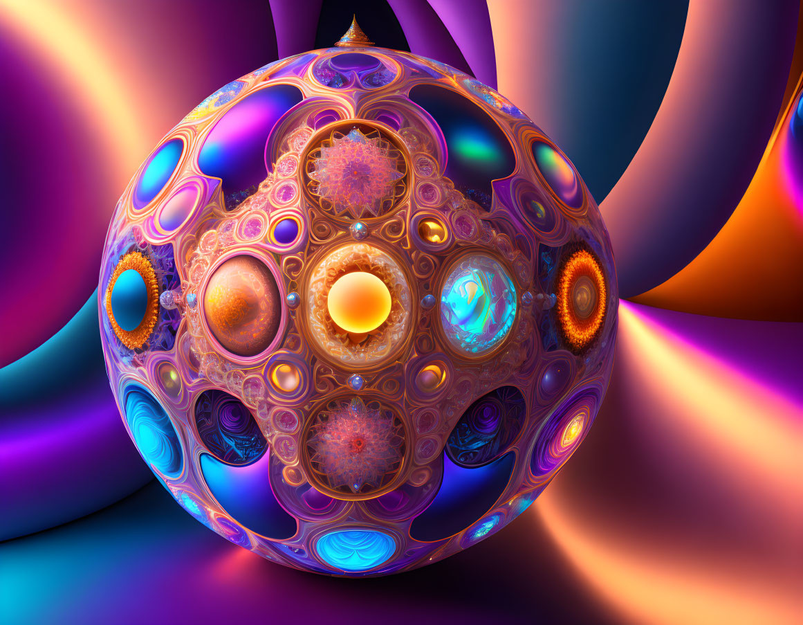 Colorful digital artwork: intricate spherical fractal patterns on a purple and blue background