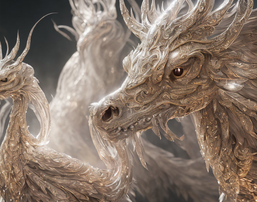 Intricately designed metallic dragons facing each other on dark background