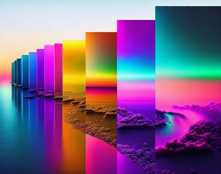 Colorful mirrored landscape transitions warm to cool hues against gradient sky