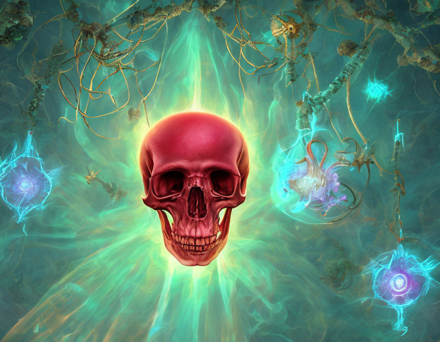 Colorful digital artwork: Red skull with green energy rays, mystical symbols.