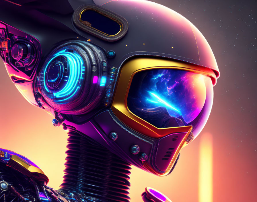 Reflective visor on futuristic astronaut helmet with nebula against vibrant cosmic backdrop