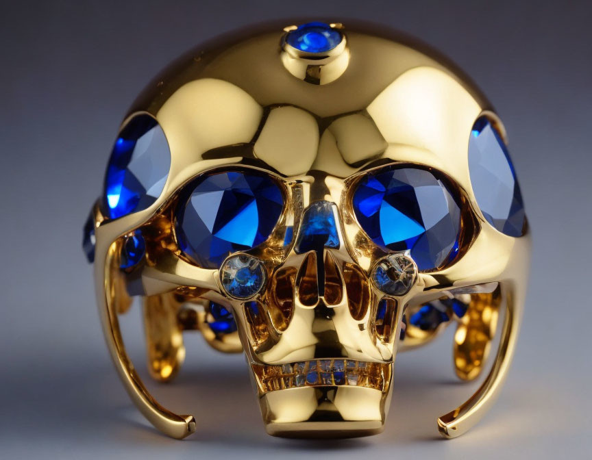 Golden Skull with Blue Gemstone Eyes on Gradient Background