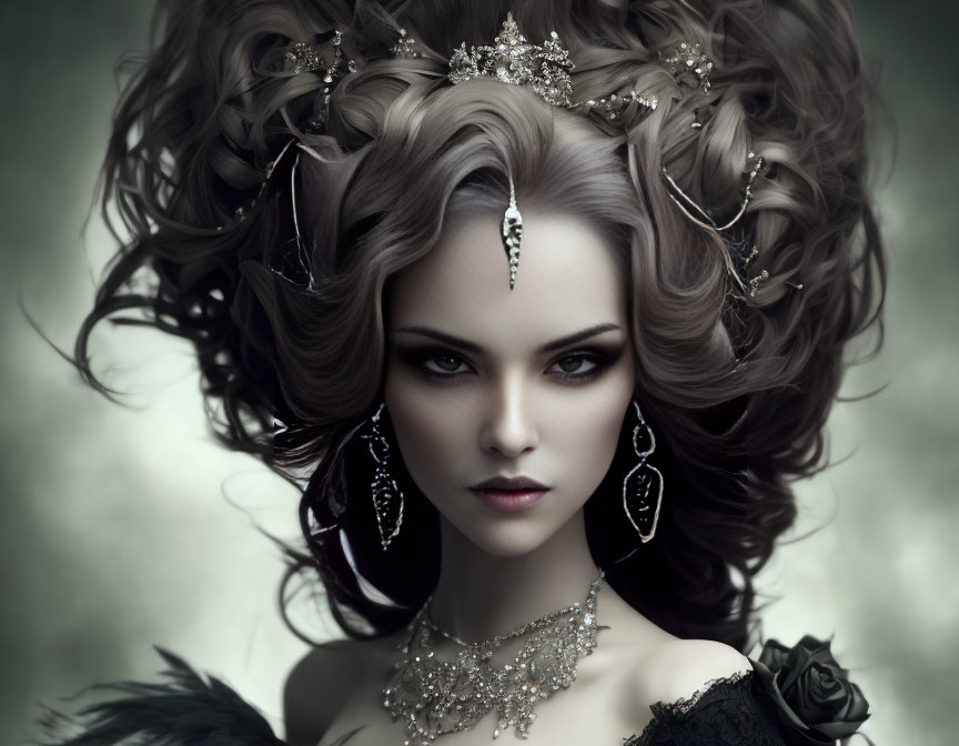 Portrait of woman with curly hair, bold makeup, and elegant jewelry against misty backdrop