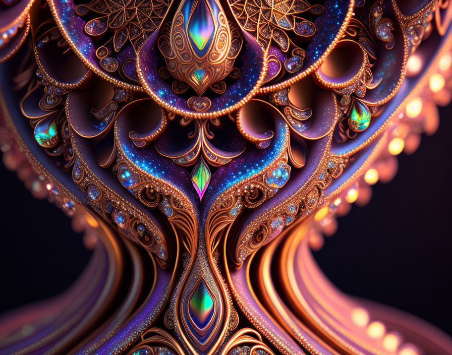 Intricate Mandala Fractal Art with Glowing Orbs in Warm Tones