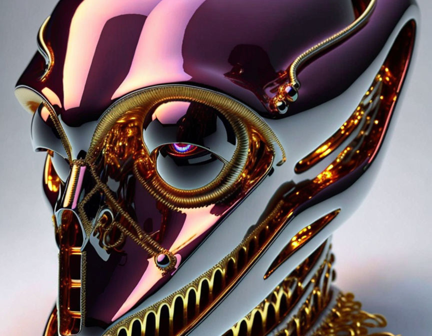 Futuristic robotic head with glossy purple and gold surfaces