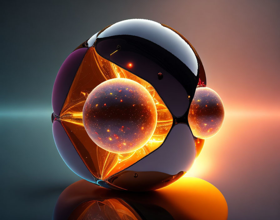 Shiny futuristic sphere with metallic and transparent surfaces on dual-tone background