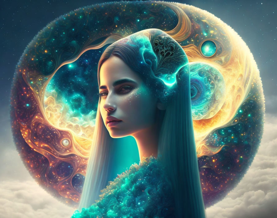 Vibrant surreal portrait blending cosmic elements with human form