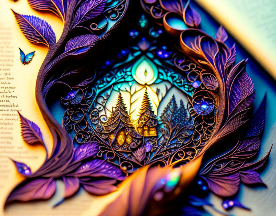 Layered Blue and Purple Paper Art: Mystical Forest Scene in Book