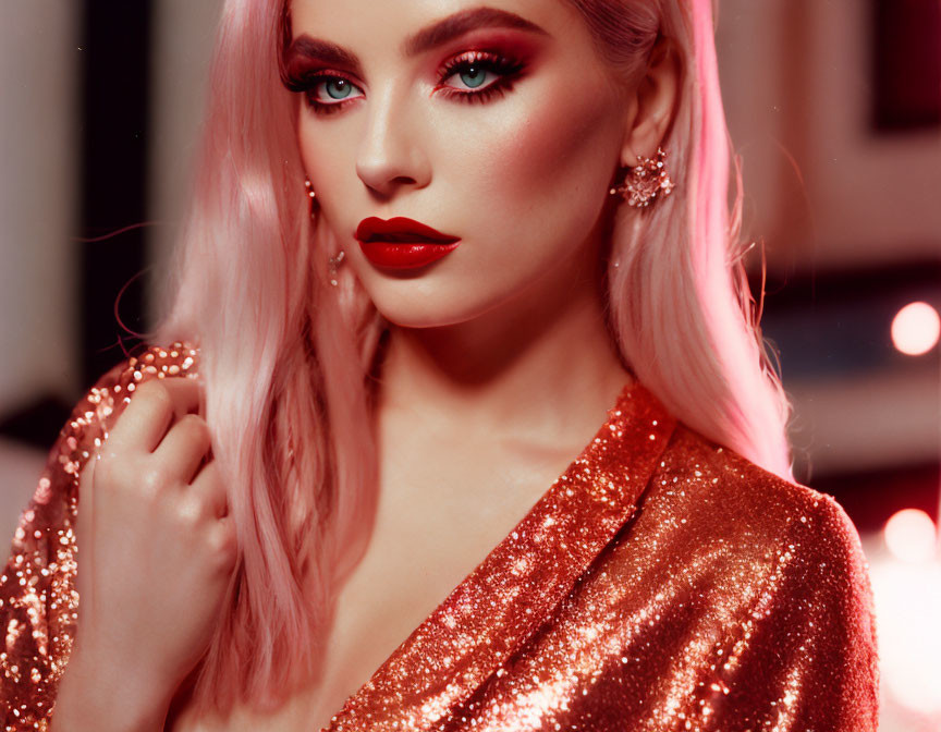 Pink-haired woman in gold dress with red lipstick and bokeh lights