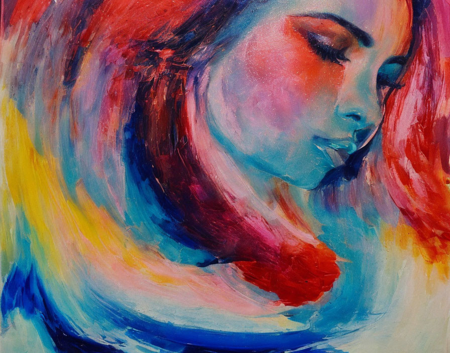 Colorful Abstract Portrait of Woman with Flowing Hair in Blue, Red, and Orange