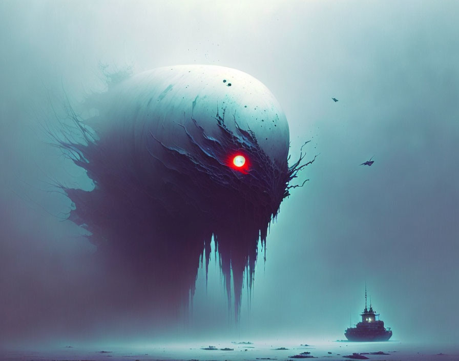 Mysterious red-eyed sphere above misty sea with shadowy ship and birds