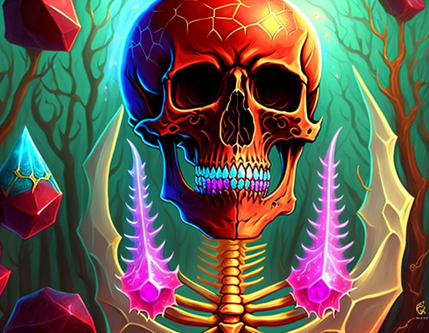 Colorful glowing skull with purple crystals in mystical forest