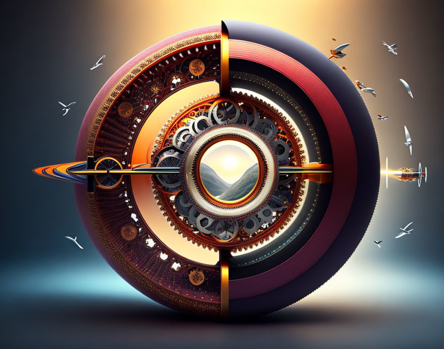 Surreal digital artwork: concentric rings, mechanical details, beach scene, birds on gradient backdrop