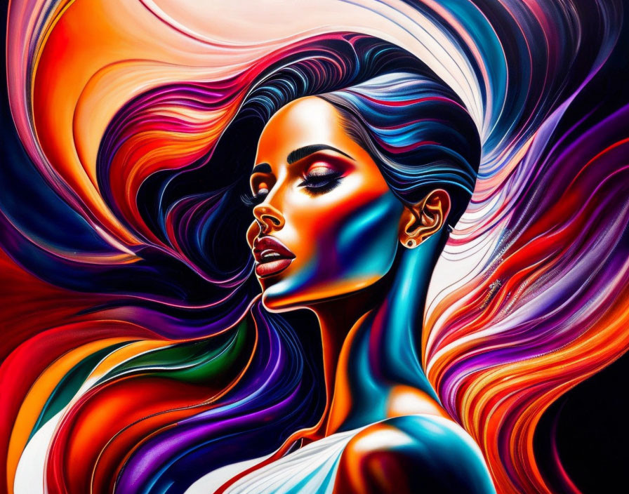 Vibrant illustration: Woman with flowing hair and abstract wavy patterns