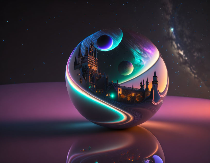 Surreal landscape with reflective sphere, castle, spires, and celestial bodies in vibrant starlit