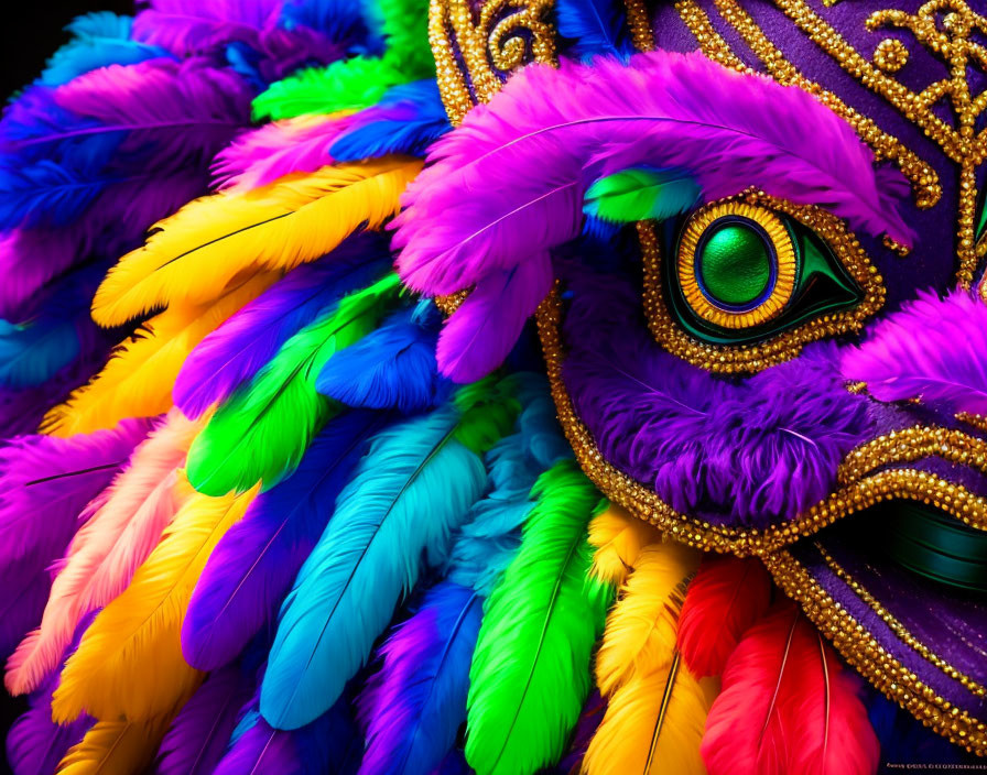 Colorful Masquerade Mask with Feathers in Purple, Blue, Green, and Gold