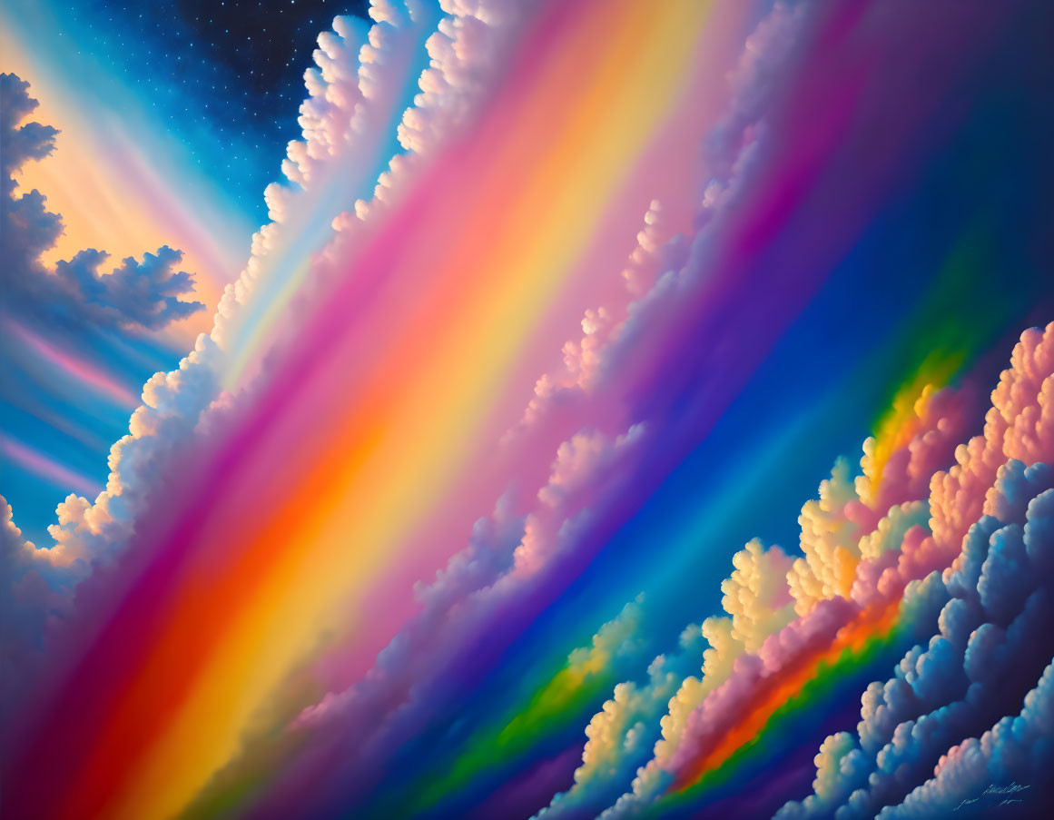 Colorful digital artwork: Ethereal sky with rainbow strokes and star-speckled clouds