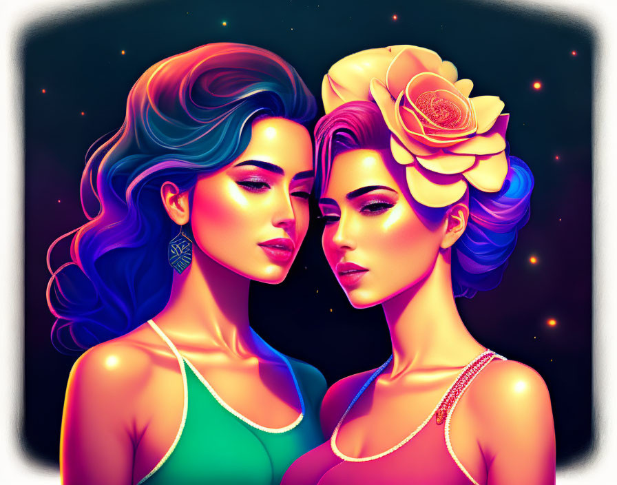 Colorful Women with Flowers in Neon-lit Setting