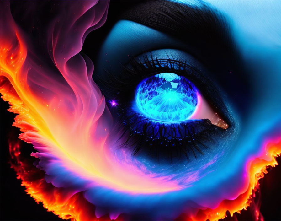 Close-up of blue eye surrounded by abstract flames in orange, blue, and purple