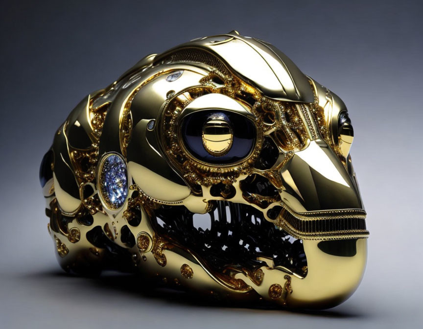 Golden Skull with Blue Gem and Mechanical Details