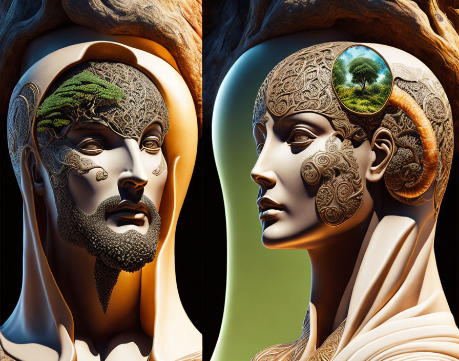 Surreal male and female busts with nature-inspired designs and tree of life motif