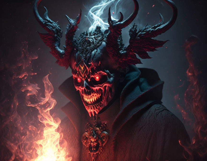 Sinister figure with demonic skull mask in dark cloak