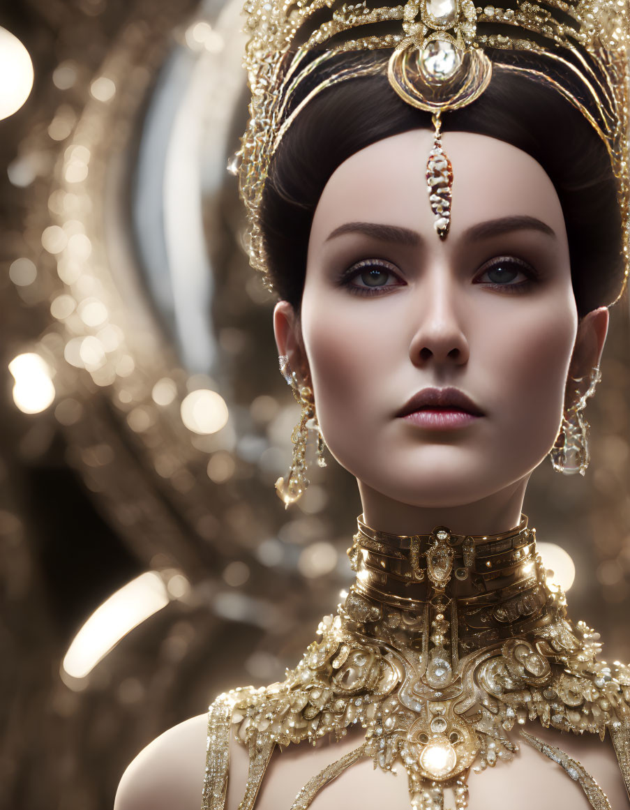 Woman with gold crown and jewelry in serene expression against golden light background