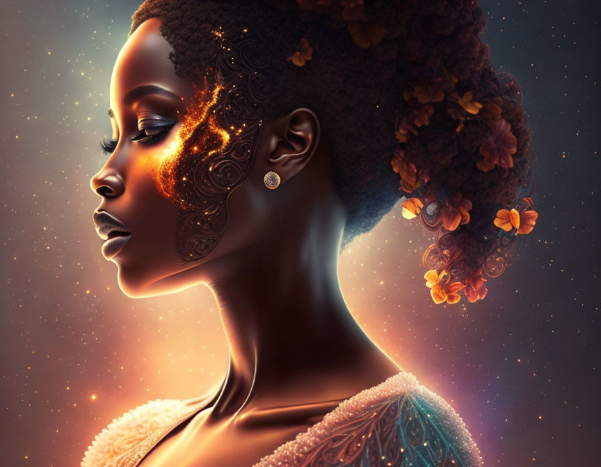 Digital artwork featuring woman with golden facial details, floral hair, and cosmic glow