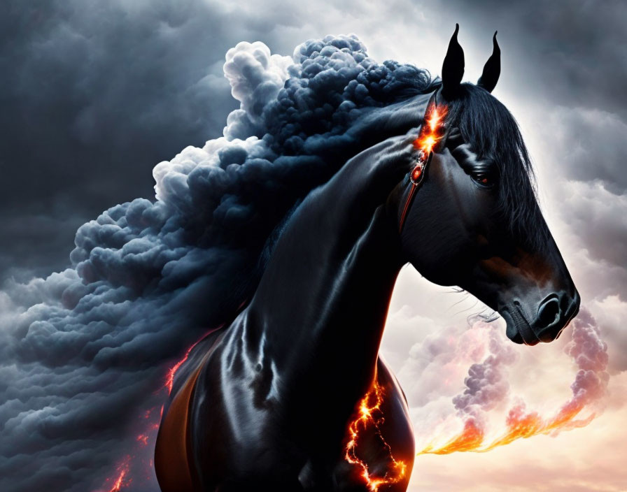 Black horse with orange lava cracks under stormy sky