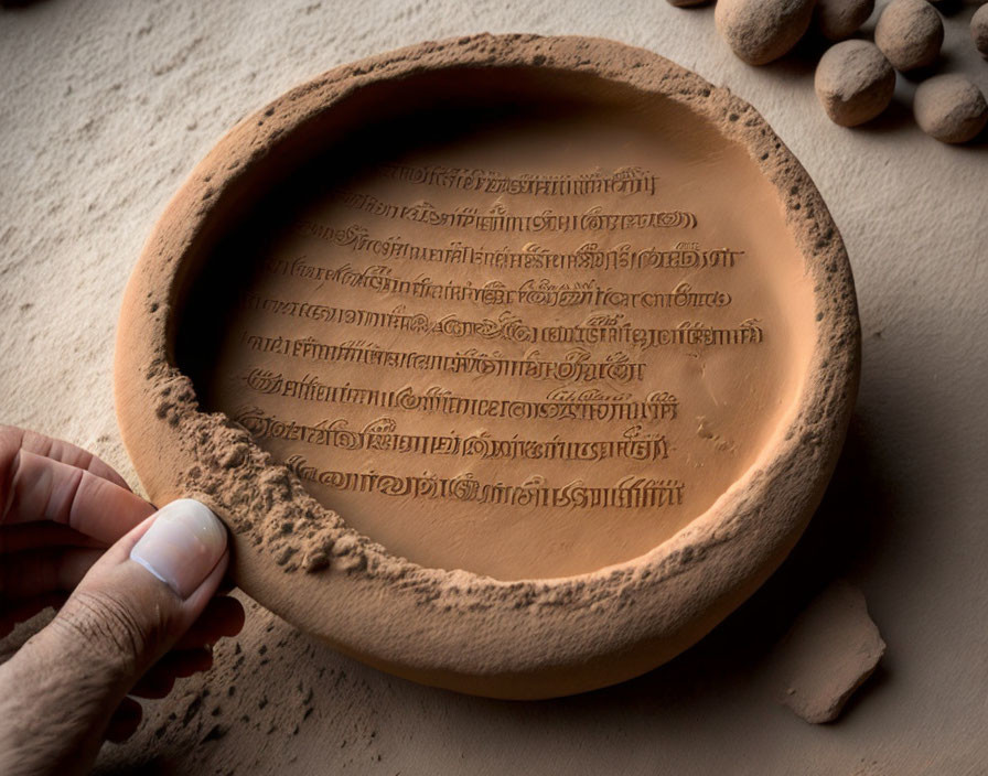 Circular clay plate with ancient script on textured surface near spherical objects