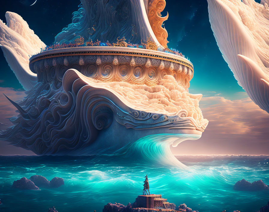 Giant whale with city on back, wings, person on rock - fantasy art.