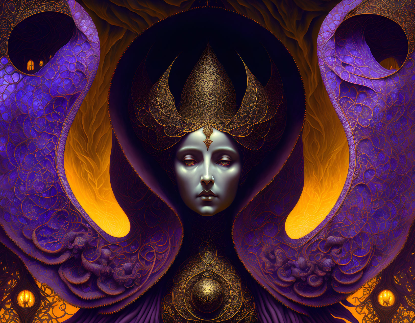 Serene face with golden headdress in intricate purple and orange fractal patterns