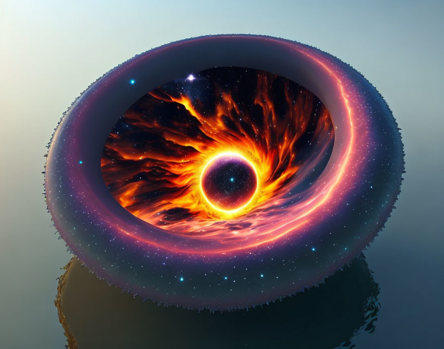 Surreal torus with fiery galaxy center on serene blue background