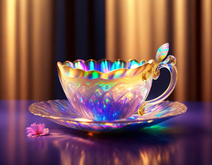 Iridescent teacup on saucer with intricate patterns and flower petal against glowing curtains