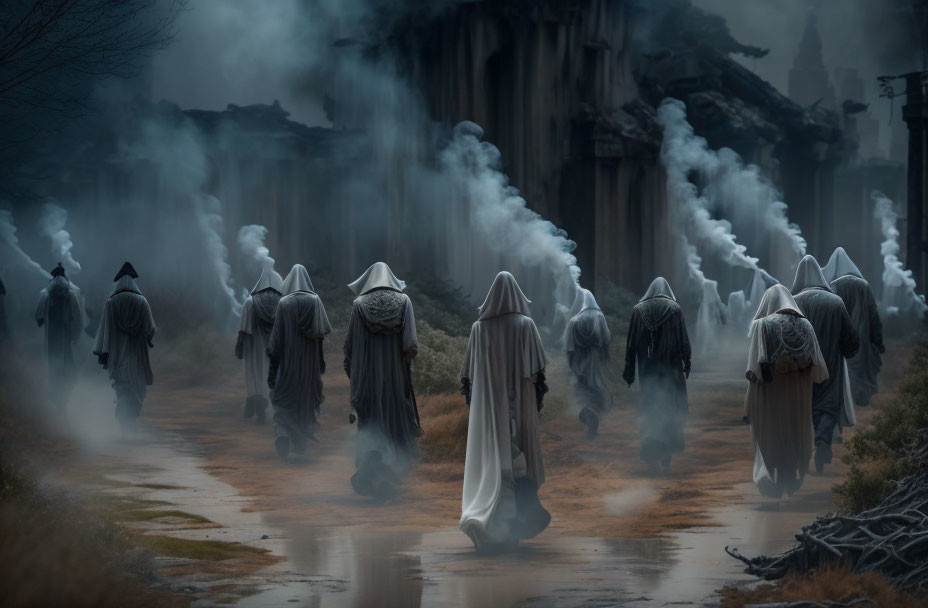 Robed Figures Walking in Misty Forest with Smoke Trails