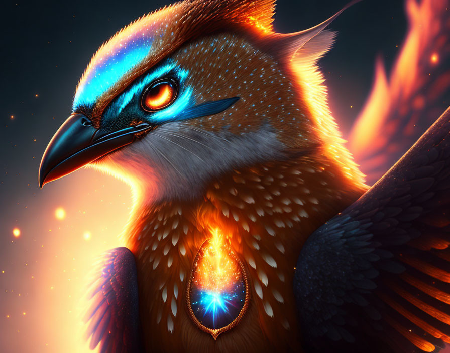 Vibrant blue and orange fantastical bird in digital art