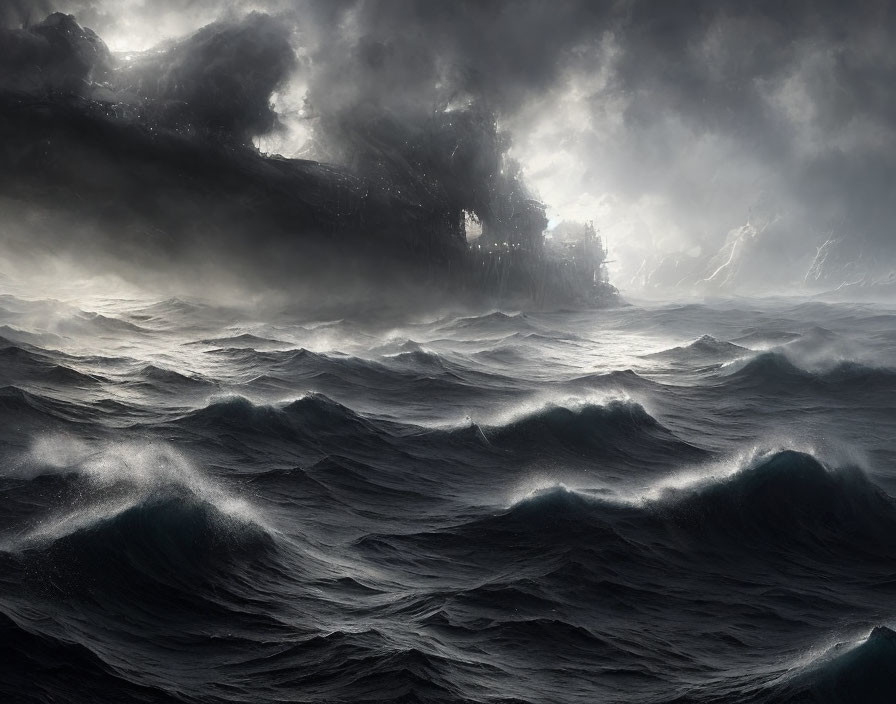 Tumultuous Waves in Stormy Sea Under Dark Cloudy Sky