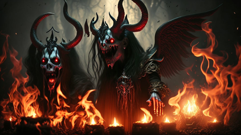 Three demonic figures with glowing red eyes, large horns, and wings in flames.