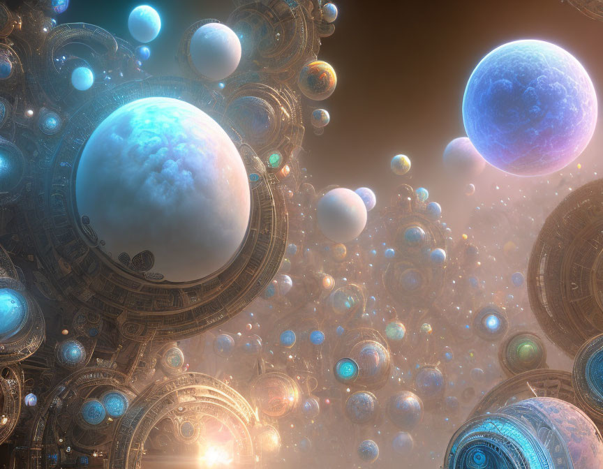 Ornate mechanical structures and ethereal spheres in surreal cosmic scene