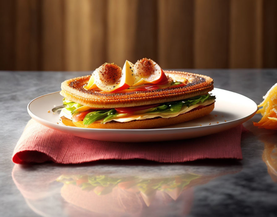 Bagel sandwich with cream cheese, tomatoes, cucumbers, and greens on a plate with pink