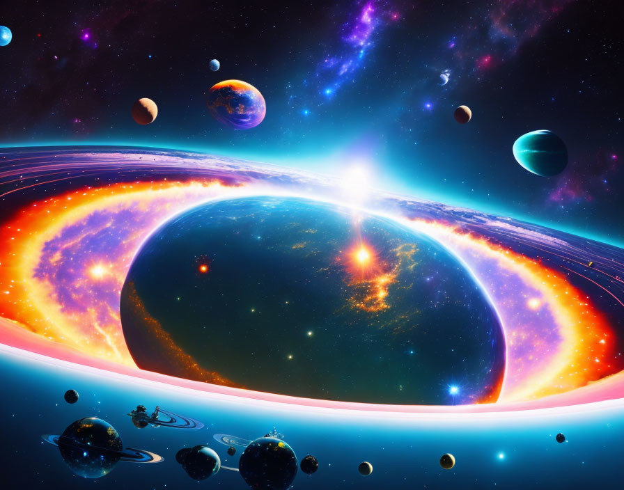 Colorful Cosmic Scene with Planets and Galaxies